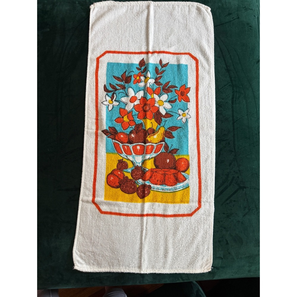 Vintage Floral Fruit Still Life Terry Cloth Hand Towel White Orange Blue